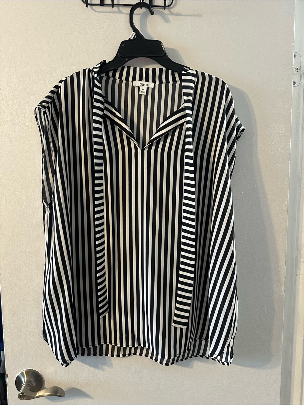 Bar III Black and White Vertical Stripe Tie-Detail Blouse